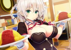 Rule 34 | 10s, 1girl, blurry, braid, breasts, cleavage, depth of field, detached collar, detached sleeves, female focus, food, green eyes, hair bun, kawakami masaki, large breasts, looking at viewer, nora to oujo to noraneko heart, omelet, omurice, parted lips, shachi yuri, short hair, side braid, silver hair, solo, tray, waitress, wrist cuffs