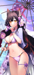 Rule 34 | 1girl, absurdres, animal ears, bead bracelet, beads, bikini, black hair, blue archive, blunt bangs, bracelet, breasts, cleavage, commentary request, eyes visible through hair, eyeshadow, flower, fox ears, fox girl, fox tail, hair between eyes, hair flower, hair ornament, halo, highres, holding, holding umbrella, jewelry, large breasts, long hair, looking at viewer, makeup, mamo (user jjca7524), navel, official alternate costume, oil-paper umbrella, purple bikini, sidelocks, smile, solo, stomach, swimsuit, tail, thighlet, umbrella, wakamo (blue archive), wakamo (swimsuit) (blue archive), yellow eyes