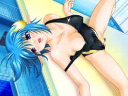 Rule 34 | 1girl, blue eyes, blue hair, blush, breasts, censored, lying, medium breasts, mosaic censoring, nipples, off shoulder, on back, one-piece swimsuit, open mouth, pointy ears, pool, rena lanford, short hair, spread legs, star ocean, star ocean the second story, swimsuit, water