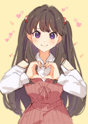 Rule 34 | 1girl, absurdres, bare shoulders, brown hair, clothing cutout, fujishima megumi, heart, heart hands, highres, link! like! love live!, love live!, meteorite (yurenlin8), purple eyes, red sweater, shirt, shoulder cutout, simple background, sleeveless, sleeveless sweater, smile, solo, sweater, two side up, white shirt