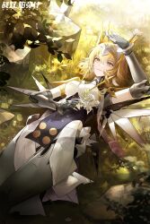 Rule 34 | alternate costume, artist request, birthday, blonde hair, bush, crown, flower, grass, hand on own head, happy birthday, headgear, highres, holding, holding flower, looking up, lying, mechanical arms, mechanical parts, mechanical wings, official alternate costume, official art, on grass, plant, punishing: gray raven, rock, rosetta (punishing: gray raven), smile, wings, yellow eyes