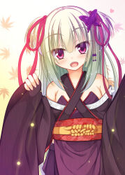 Rule 34 | 1girl, armpit crease, autumn leaves, bare shoulders, black kimono, blunt bangs, blush, breasts, butterfly hair ornament, commentary, criss-cross halter, eyelashes, eyes visible through hair, gradient background, green hair, hair between eyes, hair ornament, hair ribbon, halterneck, happy, heart, highres, japanese clothes, kimono, light particles, long hair, looking at viewer, murasame (senren), open mouth, pom pom (clothes), red eyes, red ribbon, ribbon, senren banka, shrimp 3, sidelocks, simple background, sleeves past wrists, small breasts, smile, solo, straight hair, teeth, two side up, upper teeth only, white background, wide sleeves, yellow background