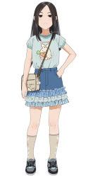Rule 34 | 1girl, animal print, aqua shirt, bag, black eyes, black hair, blue skirt, breasts, brown bag, brown socks, check commentary, checkered clothes, commentary request, denim, denim skirt, dot nose, forehead, frilled skirt, frills, full body, grey footwear, hand on own hip, legs, light blush, long hair, looking at viewer, mattaku mousuke, original, parted bangs, petite, pinstripe pattern, polka dot, print shirt, print socks, rabbit print, serious, shirt, shoes, short sleeves, shoulder bag, skirt, small breasts, sneakers, socks, solo, standing, striped, thighs, white background