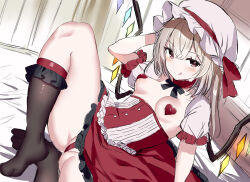 Rule 34 | 1girl, :q, arm behind head, black socks, blonde hair, breasts, crystal, detached collar, dress, flandre scarlet, givuchoko, groin, hat, hat ribbon, heart pasties, highres, indoors, looking at viewer, medium breasts, mob cap, one side up, panties, pasties, red dress, red eyes, red panties, red ribbon, ribbon, sketch, socks, solo, tongue, tongue out, touhou, underwear, white hat, wings