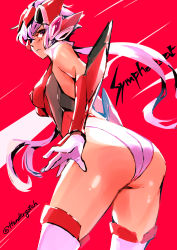 Rule 34 | 1girl, ass, breasts, cowboy shot, floating hair, gloves, highres, leaning forward, leotard, long hair, looking at viewer, looking back, medium breasts, pink eyes, pink gloves, pink hair, red background, senki zesshou symphogear, solo, standing, thighhighs, thundergotch, very long hair, yukine chris