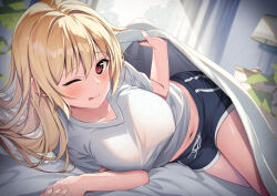 Rule 34 | 1girl, :p, bedroom, black shorts, blonde hair, blush, breasts, chest of drawers, closed mouth, collarbone, covered erect nipples, curtains, highres, indoors, lamp, large breasts, long hair, looking at viewer, lying, midriff peek, navel, oku 1225, on bed, on side, one eye closed, original, red eyes, shirt, short shorts, short sleeves, shorts, sidelocks, smile, solo, tongue, tongue out, white shirt, window