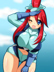 Rule 34 | 10s, blue eyes, blush, bouncing breasts, breasts, creatures (company), game freak, gym leader, huge breasts, looking at viewer, navel, nintendo, pokemon, pokemon bw, red hair, shimu (kichune), shorts, side ponytail, skyla (pokemon), smile, suspenders