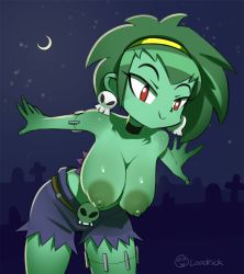 Rule 34 | 1girl, :&gt;, bare arms, bare shoulders, blue shorts, breasts, closed mouth, collarbone, colored nipples, colored skin, earrings, forehead, green hair, green nipples, green skin, hairband, highres, jewelry, leaning forward, loodrick, medium breasts, moon, navel, night, nipples, red eyes, rottytops, shantae (series), short shorts, shorts, skull earrings, smile, socks, solo, standing, yellow hairband, zombie