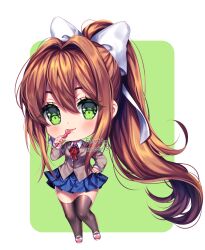 Rule 34 | 1girl, artist name, black thighhighs, blazer, blue skirt, blush, bow, brown hair, brown jacket, buttons, chibi, chibi only, closed mouth, collared shirt, colored eyelashes, doki doki literature club, full body, green background, green eyes, hair between eyes, hair bow, hand on own hip, high ponytail, highres, holding, holding pen, jacket, knees together feet apart, long hair, long sleeves, looking at viewer, monika (doki doki literature club), neck ribbon, pen, pink footwear, red ribbon, ribbon, sasucchi95, shirt, skirt, smile, solo, standing, thighhighs, transparent background, two-tone footwear, very long hair, white bow, white footwear, white shirt