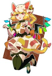 Rule 34 | 1girl, animal ears, bell, black footwear, black thighhighs, blonde hair, bloomers, cat ears, cat tail, chamaruk, cosplay, crystal, flandre scarlet, full body, goutokuji mike, goutokuji mike (cosplay), hat, highres, mob cap, multicolored clothes, multicolored shirt, multicolored skirt, neck bell, one side up, patchwork clothes, paw pose, red eyes, side ponytail, skirt, skirt set, tail, thighhighs, touhou, underwear, white headwear, wings, yellow tail