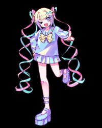 Rule 34 | &gt; o, 1girl, ;d, black background, blonde hair, blue bow, blue eyes, blue hair, blue serafuku, blue shirt, blue skirt, bow, chouzetsusaikawa tenshi-chan, collaboration, commentary, english commentary, full body, hair bow, hand on own hip, hand up, highres, long hair, long sleeves, looking at viewer, miniskirt, multicolored hair, multiple hair bows, needy girl overdose, one eye closed, open mouth, peeka boo (555 peekaboo), pink bow, pink hair, pleated skirt, pointing, pointing at viewer, purple bow, quad tails, sailor collar, school uniform, serafuku, shirt, skirt, smile, solo, standing, standing on one leg, tornadem, very long hair, yellow bow