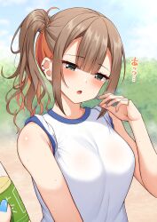 Rule 34 | 1girl, :o, alternate costume, bare arms, blunt bangs, blurry, blurry background, blush, breasts, brown hair, center-flap bangs, commentary, day, earrings, eyelashes, green eyes, gyaru, gym uniform, half-closed eyes, hand up, highres, jewelry, large breasts, looking at hand, medium hair, multicolored hair, nail polish, open mouth, orange hair, outdoors, ponytail, purple nails, ring, ryakusun, shiraishi chika, shirt, short sleeves, sleeves rolled up, solo, stud earrings, sunlight, sweat, tenshi souzou re-boot!, tsurime, two-tone hair, upper body, white shirt