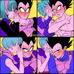 Rule 34 | 1boy, 1girl, age progression, amartbee, artist name, black hair, blue hair, blush, bulma, covering own mouth, crossed arms, dragon ball, dragon ball super, dragonball z, earrings, embarrassed, hairband, hand on another&#039;s shoulder, headband, highres, husband and wife, jewelry, scarf, short hair, smile, spiked hair, sweat, topless male, vegeta, vest, whispering
