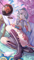 Rule 34 | black footwear, blush, boots, bowl, green eyes, high heel boots, high heels, highres, holding, holding bowl, knee boots, long hair, looking at viewer, luo tianyi, parted lips, shan-n, sitting, smile, solo, table, translation request, vocaloid, white hair