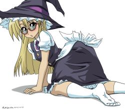 Rule 34 | 1girl, all fours, ass, blonde hair, blush, breasts, cosplay, freckles, glasses, green eyes, hat, highres, kirisame marisa (cosplay), looking at viewer, open mouth, rebecca hopkins, red-framed eyewear, semi-rimless eyewear, simple background, small breasts, solo, touhou, under-rim eyewear, white background, witch, witch hat, yu-gi-oh!, yu-gi-oh! duel monsters