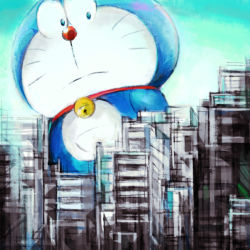 Rule 34 | 1boy, animal, bell, blue eyes, cat, closed mouth, commentary request, doraemon, doraemon (character), looking down, male focus, mochizuki tagosaku, neck bell, no humans, outdoors, oversized animal, pouch, robot, sky, solo, split mouth, whiskers
