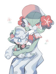 Rule 34 | 1girl, absurdres, alolan form, alolan vulpix, black bow, black bowtie, blue sclera, blush, bob cut, bonnet, bow, bowtie, capelet, closed mouth, clothed pokemon, colored sclera, colored skin, creatures (company), female focus, flat chest, flower, game freak, gardevoir, gardevoir (fashionable), gen 3 pokemon, gen 7 pokemon, green capelet, green hair, green headwear, green skin, hair between eyes, hand on another&#039;s head, happy, hat, hat flower, highres, holding, holding pokemon, invisible chair, looking at viewer, mame (pixiv 57985908), multicolored skin, nintendo, open mouth, pawpads, pink trim, pokemon, pokemon (creature), pokemon unite, red eyes, red flower, red rose, rose, short hair, simple background, sitting, smile, two-tone skin, white background, white capelet, white eyes, white hair, white headwear, white skin