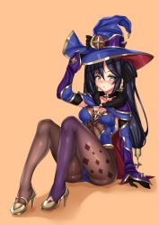 Rule 34 | 1girl, absurdres, black gloves, black hair, blue hat, blue leotard, blush, bodystocking, bodysuit, bodysuit under clothes, breasts, cape, cleavage, genshin impact, gloves, green eyes, hat, high heels, highres, knees up, legs, leotard, long hair, looking at viewer, lumu yuanxiang, medium breasts, mona (genshin impact), purple cape, sitting, thighlet, twintails, witch hat