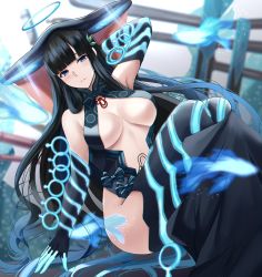 Rule 34 | 1girl, arm behind head, bare shoulders, black dress, black gloves, black hair, black headwear, black thighhighs, blue eyes, blue fire, blush, breasts, center opening, crossed legs, dress, elbow gloves, fate/grand order, fate (series), fire, fish, flute, gloves, halo, instrument, large breasts, long hair, looking at viewer, nicky w, short dress, sitting, smile, solo, thighhighs, thighs, very long hair, yang guifei (fate), yang guifei (third ascension) (fate)