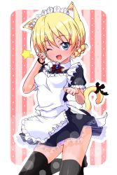 Rule 34 | 10s, 1girl, ;d, alternate costume, animal ears, apron, black dress, black thighhighs, blonde hair, blue eyes, bracelet, braid, brooch, cat ears, cat tail, collared dress, commentary request, cowboy shot, darjeeling (girls und panzer), dress, enmaided, fang, frilled apron, frilled dress, frills, girls und panzer, jewelry, k10k, kemonomimi mode, kneeling, looking at viewer, maid, maid apron, maid headdress, microdress, one eye closed, open mouth, panties, pantyshot, paw pose, pink background, ribbon, short hair, skindentation, smile, solo, star (symbol), tail, tail ornament, tail ribbon, thighhighs, twin braids, twitter username, underwear, white apron