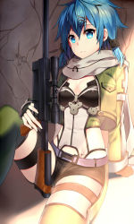 Rule 34 | 10s, 1girl, anti-materiel rifle, bad id, bad pixiv id, black joa, blue eyes, blue hair, bolt action, breasts, cleavage, fingerless gloves, gloves, gun, highres, matching hair/eyes, pgm hecate ii, rifle, short hair, short hair with long locks, short shorts, shorts, sinon, sniper rifle, solo, sword art online, twintails, weapon