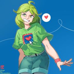 Rule 34 | 1girl, blue hair, borrowed character, commentary, cursor, english commentary, green eyes, green hair, heart, heart-shaped pupils, highres, original, short hair, snowcie, solo, spoken heart, symbol-shaped pupils