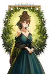 Rule 34 | 1girl, absurdres, bare shoulders, breasts, brown hair, cleavage, closed mouth, cryturtle, dress, earrings, green dress, hair between eyes, hair ribbon, highres, jewelry, large breasts, long hair, long sleeves, looking at viewer, necklace, open mouth, original, plant, ponytail, ribbon, smile, solo, very long hair, white background, yellow eyes
