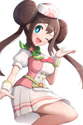 Rule 34 | 1girl, blowing kiss, blue eyes, breasts, brown hair, creatures (company), double bun, game freak, gonzarez, hair bun, hat, highres, large breasts, long hair, nintendo, official alternate costume, one eye closed, open mouth, pokemon, pokemon masters ex, rosa (pokemon), rosa (special costume) (pokemon), simple background, solo, twintails, very long hair, white background, white hat