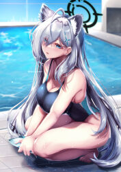 Rule 34 | 1girl, animal ears, bare arms, bare shoulders, blue archive, blue eyes, blue one-piece swimsuit, bottle, breasts, cleavage, commentary request, competition swimsuit, grey hair, hair ornament, highres, holding, holding bottle, large breasts, long hair, one-piece swimsuit, parted lips, pool, saboten teishoku, shiroko (blue archive), shiroko terror (blue archive), solo, squatting, swimsuit, thighs, water, wet