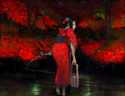 Rule 34 | autumn, black hair, japanese clothes, kimono, kyan-dog, leaf, looking back, monster, original, red theme, solo, standing, tattoo, watering can