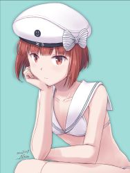 Rule 34 | 1girl, bikini, blue background, breasts, brown eyes, character name, clothes writing, dated, hat, kantai collection, nao (nao eg), red hair, sailor bikini, sailor collar, sailor hat, short hair, signature, simple background, small breasts, solo, swimsuit, white bikini, z3 max schultz (kancolle)
