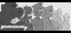 Rule 34 | 3girls, 4boys, adapted costume, big nose, breasts, cleavage, crown, earrings, facial hair, fat, fat man, greyscale, jewelry, long hair, luigi, mario, mario (series), mario kart, mini crown, monochrome, monster girl, multiple boys, multiple girls, mustache, nintendo, parody, ponytail, princess, princess daisy, princess peach, rosalina, short hair, simple background, steve ahn, tank top, the fast and the furious, toad (mario), white background, yoshi