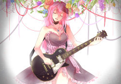 Rule 34 | 1girl, bare arms, bare shoulders, black dress, blue flower, breasts, closed eyes, daisy, dress, electric guitar, flower, frilled dress, frills, gibson les paul, gradient background, grey background, guitar, head tilt, instrument, jewelry, leaf, light smile, long hair, megurine luka, music, necklace, open mouth, orange flower, orange rose, pink flower, pink frills, pink hair, pink ribbon, playing instrument, purple flower, red flower, red rose, ribbon, rose, simple background, sleeveless, sleeveless dress, smile, solo, standing, string, string of fate, striped, thighs, upper body, vertical stripes, vocaloid, white background, white flower