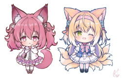 Rule 34 | 2girls, animal ear fluff, animal ears, arknights, bag, blush, bow, bowtie, center cross lace, chibi, chinese commentary, colored tips, commentary request, cross-laced clothes, cross-laced top, fang, fox ears, fox girl, fox tail, green eyes, hair between eyes, hairband, highres, kitsune, kyuubi, long sleeves, looking at viewer, multicolored hair, multiple girls, multiple tails, open mouth, pink bow, pink bowtie, pink eyes, pink hair, pink hairband, pleated skirt, puffy long sleeves, puffy sleeves, purple skirt, qingye tuanzi, shamare (arknights), shirt, shoulder bag, signature, simple background, skirt, standing, suzuran (arknights), tail, thighhighs, twintails, two-tone hair, white background, white hair, white shirt, white skirt, white thighhighs