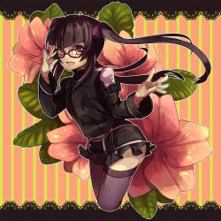 Rule 34 | 10s, 1girl, :d, adjusting eyewear, arm belt, belt, black-framed eyewear, border, bow, breakblack, flower, flower request, glasses, hair bow, lace, lace border, long hair, looking at viewer, open mouth, ornate border, purple bow, purple eyes, purple thighhighs, senki zesshou symphogear, smile, solo, thighhighs, tsukuyomi shirabe, twintails, zettai ryouiki