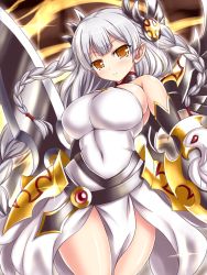 Rule 34 | 1girl, bare shoulders, braid, breasts, brown eyes, covered navel, elf, fanatic fetish, large breasts, light valkyrie (p&amp;d), long hair, pointy ears, puzzle &amp; dragons, shield, silver hair, sword, thighs, tsukioka kirio, twin braids, valkyrie (p&amp;d), very long hair, weapon, wide hips