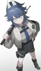 Rule 34 | 1girl, :&lt;, baton (weapon), black footwear, blue hair, blue necktie, boots, breast pocket, collared shirt, cropped jacket, frost fog, gradient background, grey background, grey jacket, grey shirt, hair ornament, hand on own hip, highres, holding, holding weapon, id card, jacket, looking at viewer, miniskirt, necktie, original, pale skin, pocket, ponytail, pouch, shirt, shirt tucked in, sidelocks, skirt, standing, strap, thigh pouch, thigh strap, uniform, weapon, white background, white eyes, zipper, zipper skirt