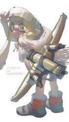 Rule 34 | 1girl, adjusting eyewear, agent 3 (splatoon 3), anniversary, aqua eyes, asymmetrical hair, black shorts, blonde hair, boots, bow (weapon), braid, cape, closed mouth, commentary request, copyright name, eyebrow cut, eyewear on head, full body, green eyes, grey footwear, hand on eyewear, highres, holding, holding bow (weapon), holding weapon, inkling, inkling girl, inkling player character, looking back, multicolored eyes, nintendo, pink eyes, shirt, shorts, single braid, smile, solo, splatoon (series), splatoon 3, tentacle hair, tiripow, torn cape, torn clothes, tri-stringer (splatoon), weapon, white background, white cape, white shirt