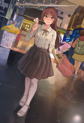 Rule 34 | 2girls, bag, black skirt, blouse, blush, brown hair, cellphone, commentary request, frilled shirt, frills, hair between eyes, highres, holding, holding phone, long hair, looking at viewer, mall, multiple girls, original, pantyhose, phone, sandals, shirt, shoes, skirt, solo focus, toes, wavy mouth, white footwear, white legwear, white shirt, yewang19