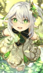 Rule 34 | 1girl, :d, bare shoulders, blurry, blurry background, blush, cross-shaped pupils, detached sleeves, dress, from above, genshin impact, green eyes, gyoju (only arme nim), hair ornament, highres, leaf hair ornament, long hair, looking at viewer, nahida (genshin impact), no shoes, open mouth, pointy ears, short sleeves, side ponytail, sidelocks, smile, socks, solo, stirrup legwear, symbol-shaped pupils, toeless legwear, toes, white dress, white socks