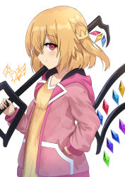 Rule 34 | 1girl, alternate costume, blush, breasts, closed mouth, commentary request, crown hair ornament, crystal, dress, flandre scarlet, from side, hair between eyes, hand in pocket, hand up, highres, holding, holding weapon, jacket, kaeremu, keyblade, kingdom hearts, looking at viewer, no headwear, no headwear, one side up, pink eyes, pink jacket, profile, short hair, sideways glance, simple background, small breasts, smile, solo, touhou, upper body, weapon, white background, wings, yellow dress