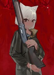 Rule 34 | 1girl, absurdres, animal ears, beads, black eyes, cat ears, gun, highres, holding, holding gun, holding weapon, ithaca m37, jacket, leather, leather jacket, long sleeves, original, polilla, prayer beads, pump action, red background, shotgun, solo, standing, upper body, weapon, white hair