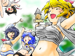 Rule 34 | &gt; &lt;, 4girls, :d, :p, > <, alternate hair color, animal ears, arm up, armpits, arms up, asymmetrical wings, bad id, bad pixiv id, black hair, blonde hair, blue hair, breasts, chibi, chikuwa, daikon, closed eyes, female focus, flat chest, food, goton goton, hair ornament, hand on own hip, happy, hat, hishaku, houjuu nue, jewelry, ladle, large breasts, mouse ears, multiple girls, murasa minamitsu, nazrin, oden, open mouth, outstretched arms, pendant, radish, sailor hat, sarashi, sarshi, shawl, short hair, smile, tongue, tongue out, toramaru shou, touhou, wings, xd