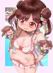 Rule 34 | 1girl, belly grab, bikini, blunt bangs, blush, bracelet, breasts, brown hair, chibi, chibi inset, chocolate, cleavage, collarbone, double bun, eating, food, food-themed hair ornament, food themed bracelet, food themed necklace, frilled bikini, frills, hair bun, hair ornament, highres, ice cream, idolmaster, idolmaster shiny colors, jewelry, macaron, medium breasts, medium hair, necklace, ofu dere, red eyes, sonoda chiyoko, swimsuit, tears, twintails, wavy mouth, weight conscious