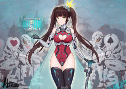 Rule 34 | 2girls, abeen jhong, absurdres, android, bare shoulders, blonde hair, blue dress, brown hair, cage, cleavage cutout, clothing cutout, commentary, crown, dress, green eyes, highres, holding, long hair, looking at viewer, multiple girls, original, queen, robot, short hair, sitting, smile, thighhighs, twintails