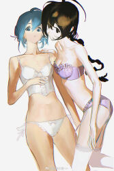 Rule 34 | 2girls, ahoge, ass, bare arms, bare legs, black eyes, black hair, blue eyes, blue hair, bra, braid, camisole, chinese commentary, closed mouth, collarbone, commentary request, cowboy shot, frilled bra, frilled panties, frills, guigui rongrong, hair bun, hand on another&#039;s shoulder, hand on own chest, highres, lace, lace-trimmed panties, lace-trimmed socks, lace trim, light frown, long hair, low twin braids, multiple girls, navel, original, over-kneehighs, pale skin, panties, purple bra, purple panties, ribbon, short hair, simple background, single hair bun, socks, spaghetti strap, stomach, strapless, strapless bra, thighhighs, twin braids, underwear, watermark, weibo logo, weibo watermark, white background, white camisole, white panties, white ribbon, white socks, yuri