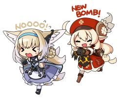 Rule 34 | &gt; &lt;, 1other, 2girls, ahoge, animal ears, arknights, blonde hair, braided hair rings, check commentary, closed eyes, commentary request, crossover, english text, fleeing, fox ears, fox tail, genshin impact, hat, highres, kitsune, klee (genshin impact), korean commentary, multiple girls, multiple tails, originium slug (arknights), pointy ears, ran system, running, suzuran (arknights), tail