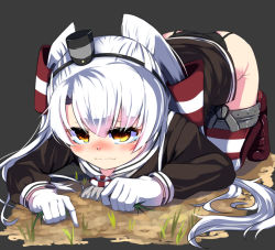Rule 34 | 10s, 1girl, amatsukaze (kancolle), black panties, blush, dress, eating, gloves, grass, hair ornament, kantai collection, long hair, panties, sailor dress, short dress, silver hair, solo, striped clothes, striped thighhighs, tears, tenken (gotannda), thighhighs, twintails, two side up, underwear, wavy mouth, white gloves, yellow eyes
