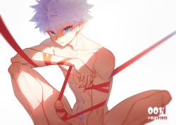 Rule 34 | abs, arm on knee, arm support, bad id, bad pixiv id, blue eyes, closed mouth, collarbone, erection, feet out of frame, grey hair, hunter x hunter, kariki hajime, killua zoldyck, looking at viewer, male focus, male pubic hair, navel, nude, penis, penis ribbon, pubic hair, red ribbon, restrained, ribbon, simple background, solo, spiked hair, squatting, sunlight, toned, toned male, white background