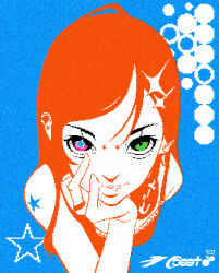 Rule 34 | 1girl, blue background, blue pupils, flat color, gab (gabellament), green eyes, hand on own cheek, hand on own face, heterochromia, highres, jewelry, limited palette, nose piercing, original, piercing, pink eyes, pixel art, red hair, ring, solo, star-shaped pupils, star (symbol), symbol-shaped pupils